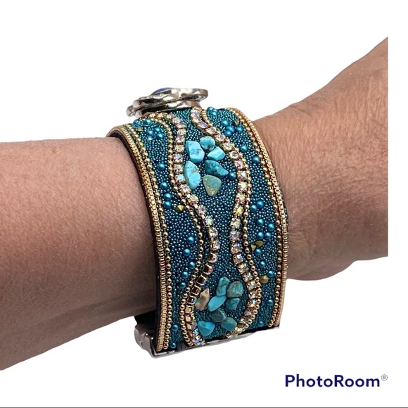 Turquoise & Gold Boho Cuff Bracelet w/ Multicolored Sparkling 18mm Ginger Snap! - Picture 6 of 16